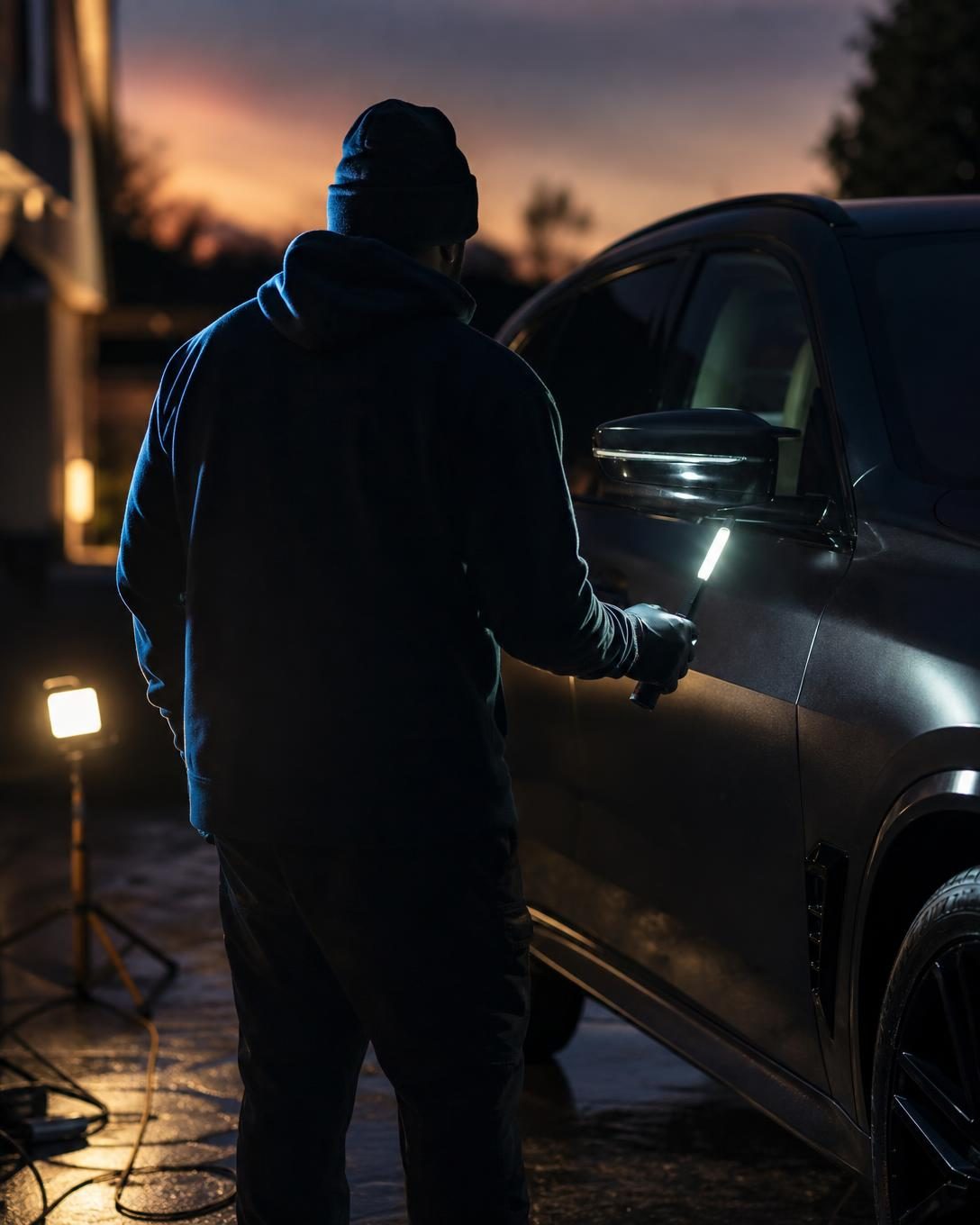 Owner working beside a dark charcoal vehicle at dusk, seen from behind with an inspection light in hand